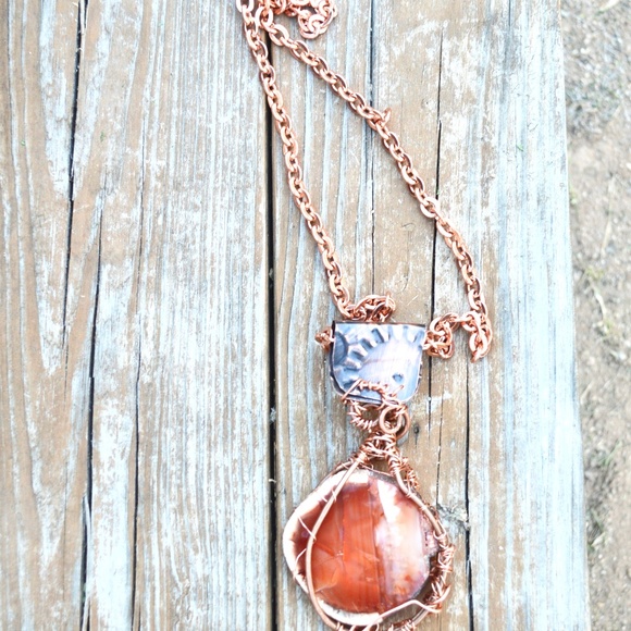 Gigantic Carnelian Pendant Solid Copper Necklace - Picture 3 of 8